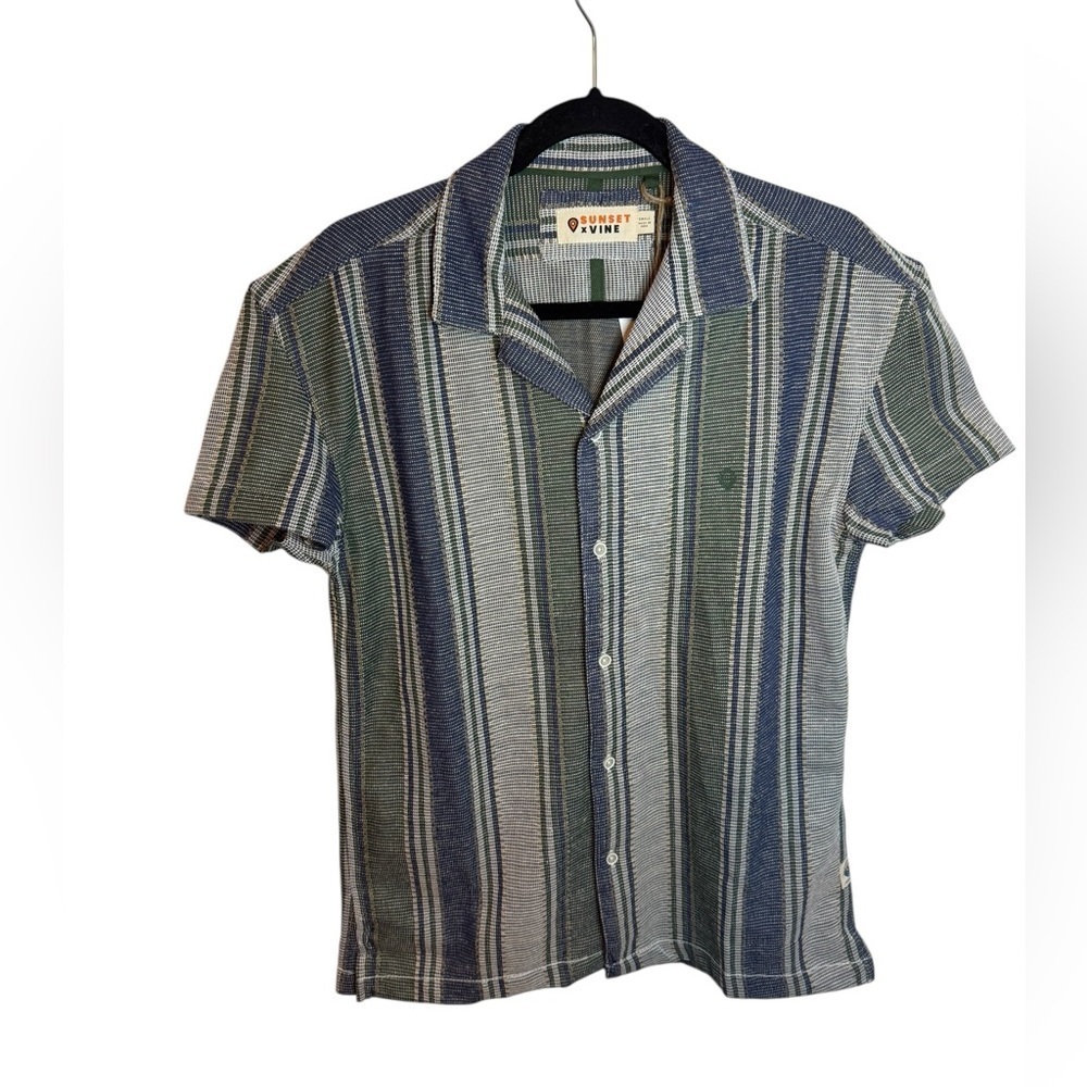 Nwt Sunset x Vine Blue & Green Coastal Striped Textured Short Sleeve Button Down
